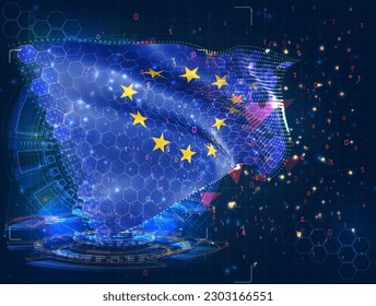 European Union,  vector flag, virtual abstract 3D object from triangular polygons on a blue background