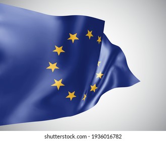 European Union, vector flag with waves and bends waving in the wind on a white background.