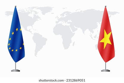 European Union and Vietnam flags for official meeting against background of world map.