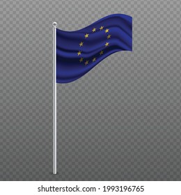 European Union waving flag on metal pole. Vector illustration.