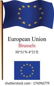 european union wavy flag and coordinates against white background, vector art illustration, image contains transparency