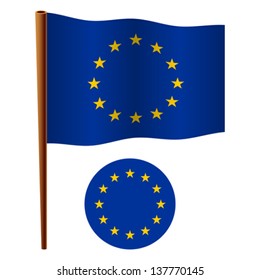 European Union Wavy Flag And Icon Against White Background, Vector Art Illustration, Image Contains Transparency