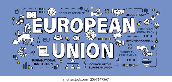 European union . Word and outline icon on solid color background . Vector . Editable stroke .