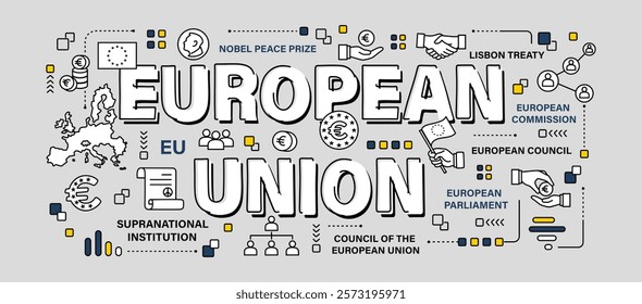 European union . Word and outline icon on solid color background . Vector . Editable stroke .