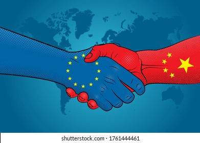 European Union-China relations. Handshake European Union and China