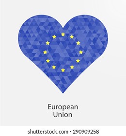 European Union,EU flag heart in geometric,mosaic polygonal style.Love to country.Abstract tessellation,background. Vector illustration EPS10