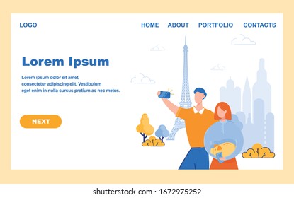 European Vacation For Couple. Boyfriend And Girlfriend, Taking Selfie On Smartphone With Paris In Background. Girl With Common Piggy Bank And Two Tickets. Landing Page With Copy Space For Your Text.