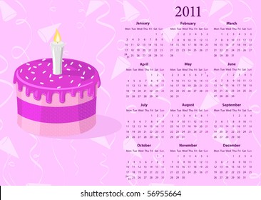 European Vector calendar 2011 with cake, starting from Mondays