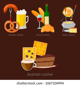 European vector food cuisine tasty dinner food showing delicious luxury Italy rome rustic snack plate flat illustration