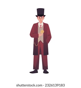 European Victorian gentleman, aristocrat. Man of 19th century in a suit, coat with hat holds watch in his hands. Cartoon vector isolated illustration on white background