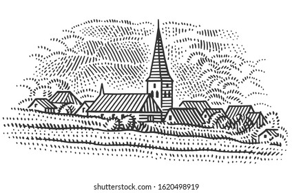 European village rural landscape/vineyard illustration. Isolated, vector. 	