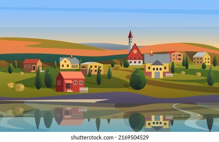 Aldea europea o pueblo pequeño en el paisaje rural a la salida del sol ilustración vectorial. Casas rurales de dibujos animados, aguas de ríos o lagos, prados y campos agrícolas a lo lejos, paisaje suburbio