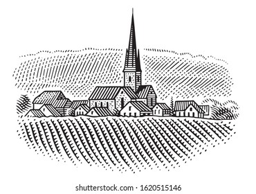 European village/vineyard landscape  illustration. Vector. 