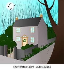 european vintage rustic home with garden christmas vector illustration