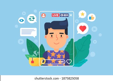 European Vlogger Flat Color Vector Character. Online Broadcast On Smartphone. Man Streamer Creates Content In Real Life. Live Stream Isolated Cartoon Illustration For Web Graphic Design