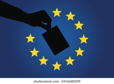 European vote vector: Silhouette of an arm holding a ballot voting paper centered within the EU flag's circle of 12 gold stars, symbolizing active participation in EU elections.