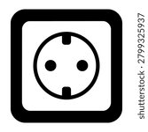 European wall power socket black silhouette icon with square frame, round outlet, two plug holes and clean white cutout details, isolated on white background. Minimal bold vector-style illustration for electricity, home electrical design, sticker, decal, logo, label, and cutting file design.