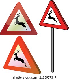 European warning road sign the arrea with possible appearance of animals deers red triangle vector isolated flat shiny volumized
