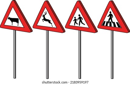 European warning road signs set the arrea with possible appearance of animals deers cows kids near schools crosswalk red triangle vector isolated volumized on the pole