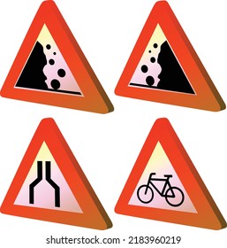 European warning road signs set the arrea with possible collapses and falling stoneson the left and right sides  crossing with a cycle path narrowing red triangle vector isolated volumized 