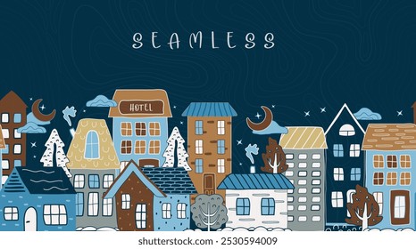 Casas de inverno europeias, árvores de neve, com um padrão sem costura desenhado à mão. fundo bonito, infantil, tendência. plano, desenho animado, estilo urbano. para impressão, papel, banner. ilustração vetorial de arte.