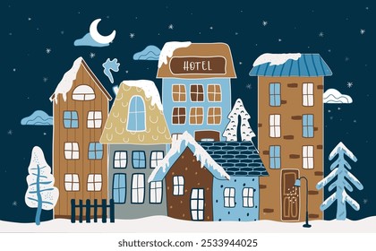 European winter houses, trees snow, with a  composition hand-drawn pattern. cute, childish, trend background. flat, cartoon, urban style. for print, paper, banner. art vector illustration.