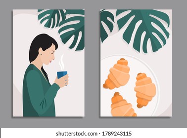 european woman with black hair in green cardigan standing with cup of hot drink and croissants on plate, with monstera background, stock vector illustration in soft pastel colors for diptych design