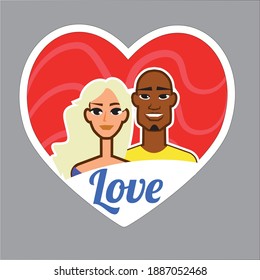 European woman and black man in heart with the inscription: love