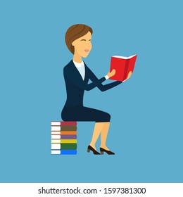 European woman in a blue suit with open book in hand. Student sits on a pile of multi-colored books. Smart girl is reading a book with a red cover. Teacher keeps the open book in front by myself.
