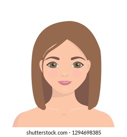 European woman calm face. Blond woman face. Girls head and shoulders. Calm young face
