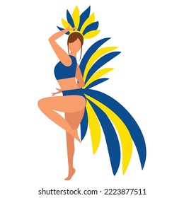 European woman in carnival costume and bikini in yellow and blue color dancing. Vector illustration.