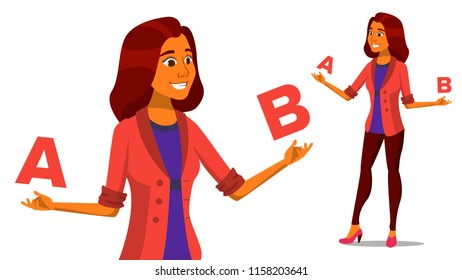 European Woman Comparing A With B Vector. Creative Idea. Balancing. Customer Review. Compare Objects, Purchases, Ideas, Strategies. Isolated Flat Cartoon Illustration
