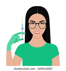 European woman doctor in medical clothing and gloves holds syringe with vaccine in her hand and smiles. Concept of prevention of the spread of coronavirus (COVID-19). Stock flat illustration on white.