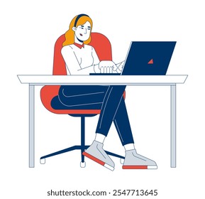 Trabalhadora freelancer de mulher europeia que trabalha com personagem de desenho animado 2D em laptop. Jovem programadora feminina escrevendo código em computador isolado pessoa vetor plano no fundo branco. Ilustração especial colorida