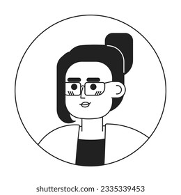 European woman in glasses monochrome flat linear character head. Brunette with bun hairstyle. Editable outline hand drawn human face icon. 2D cartoon spot vector avatar illustration for animation