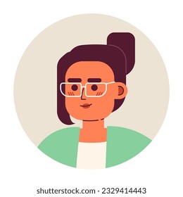 European woman in glasses semi flat vector character head. Brunette with bun hairstyle. Editable cartoon avatar icon. Face emotion. Colorful spot illustration for web graphic design, animation