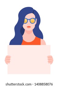 European woman holding a blank poster without text. Protest and protection of rights. Meeting and demonstration. Vector flat illustration