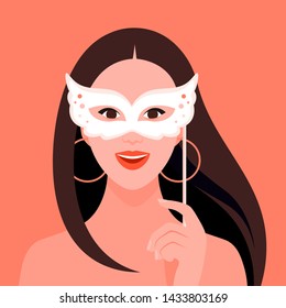 European woman holding carnival mask in her hand. Summer festivals and holidays. Portrait of a happy American girl. Vector flat illustration