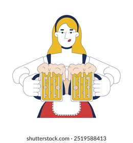 Mujer europea con tazas de cerveza artesanal espumosas personaje de dibujos animados 2D. Camarera caucásica de vacaciones Oktoberfest en Vector plano de persona aislada dirndl sobre fondo blanco. Ilustración de punto colorido