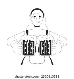 Mujer europea que sostiene las tazas de cerveza artesanales espumosas carácter blanco y negro de la línea 2D. Camarera caucásica de vacaciones de Oktoberfest en dirndl persona aislada del contorno del Vector. Ilustración de punto monocromático