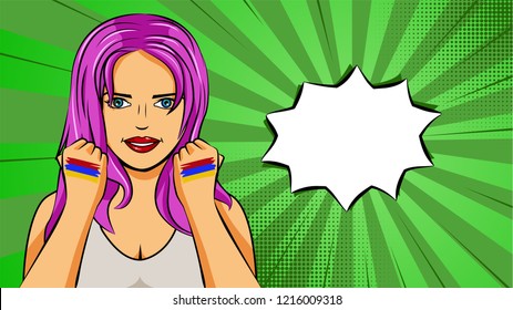 European woman paint hands of national flag Armenia in pop art style illustration. Element of sport fan illustration for mobile and web apps