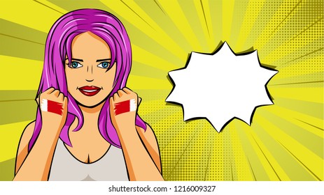 European woman paint hands of national flag Bahrain in pop art style illustration. Element of sport fan illustration for mobile and web apps