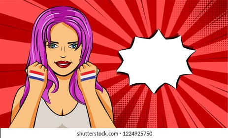 European woman paint hands of national flag Netherlands in pop art style illustration. Element of sport fan illustration for mobile and web apps