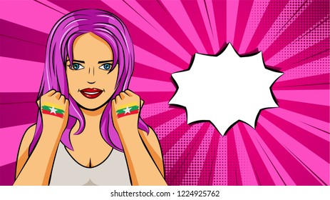 European woman paint hands of national flag Myanmar in pop art style illustration. Element of sport fan illustration for mobile and web apps