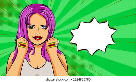 European woman paint hands of national flag Zimbabwe in pop art style illustration. Element of sport fan illustration for mobile and web apps