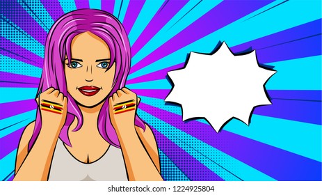 European woman paint hands of national flag Uganda in pop art style illustration. Element of sport fan illustration for mobile and web apps