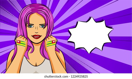 European woman paint hands of national flag Togo in pop art style illustration. Element of sport fan illustration for mobile and web apps