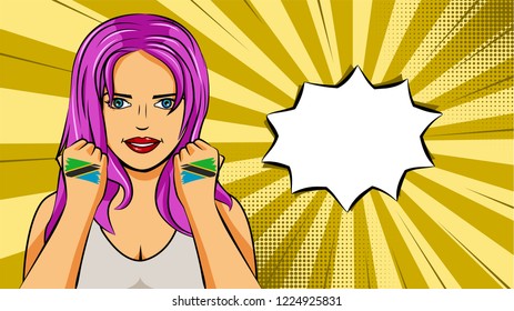 European woman paint hands of national flag Tanzania in pop art style illustration. Element of sport fan illustration for mobile and web apps