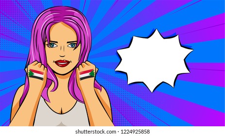 European woman paint hands of national flag Sudan in pop art style illustration. Element of sport fan illustration for mobile and web apps