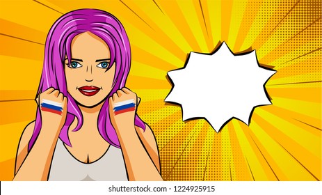 European woman paint hands of national flag Russia in pop art style illustration. Element of sport fan illustration for mobile and web apps
